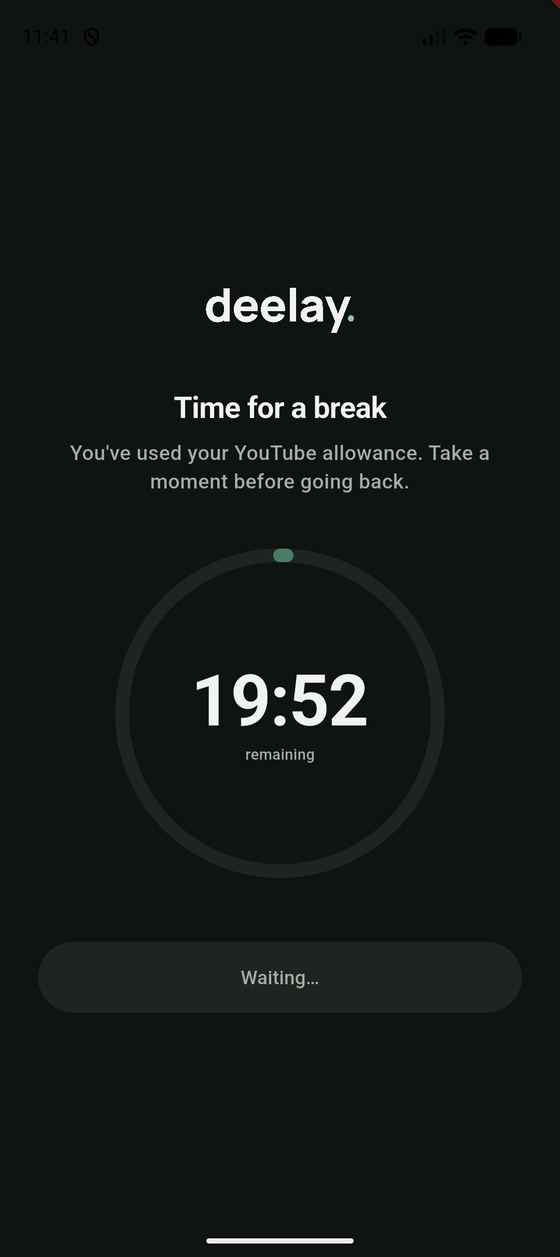 Deelay's break screen counting down over an app whose limit was reached