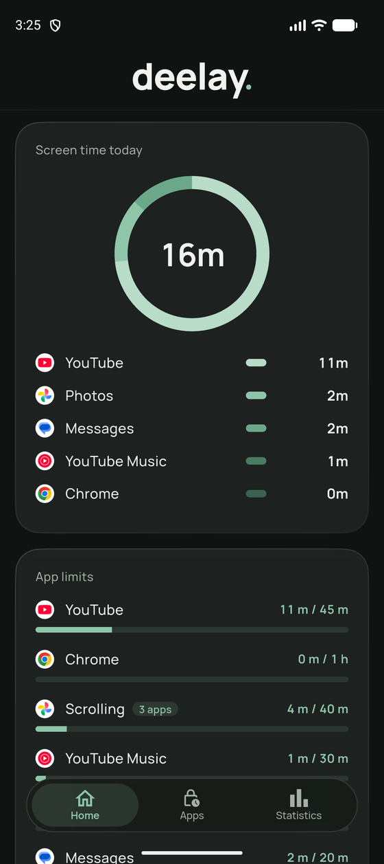 Deelay's home screen showing today's screen time and the limits in place